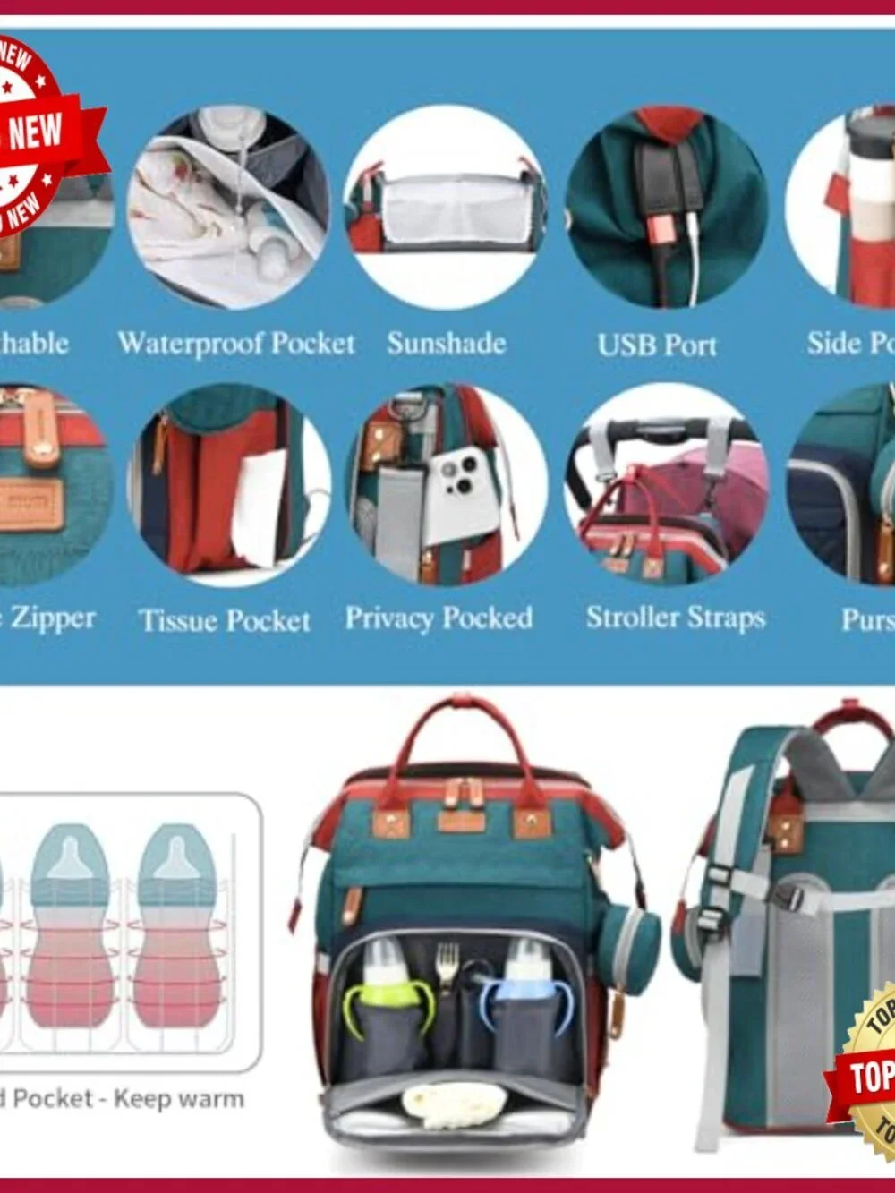 Large Waterproof Diaper Backpack with Changing Station and USB Port